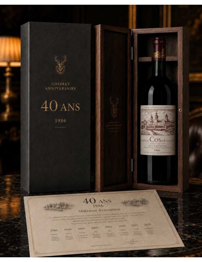 Coffret Anniversaire 40 ans – Château Cos d’Estournel 1986 avec parchemin